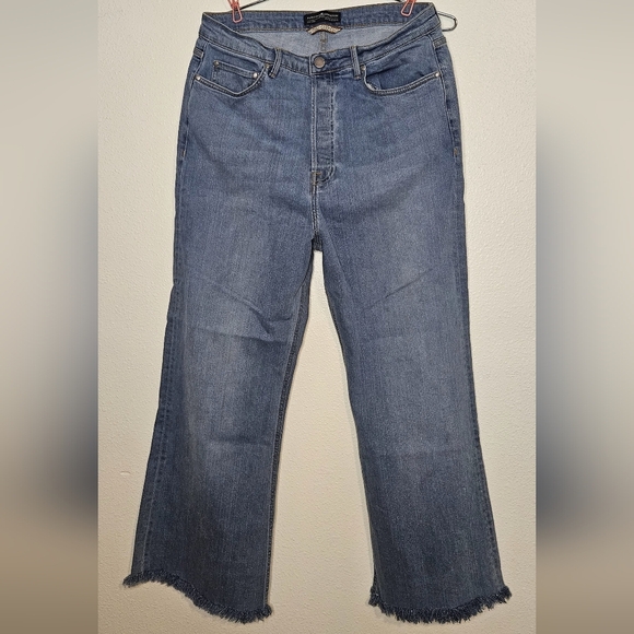 PERUVIAN CONNECTION RILEY WIDE-LEG BUTTON FLY JEANS FLARE FRINGE HEM SZ.14 - Picture 3 of 9